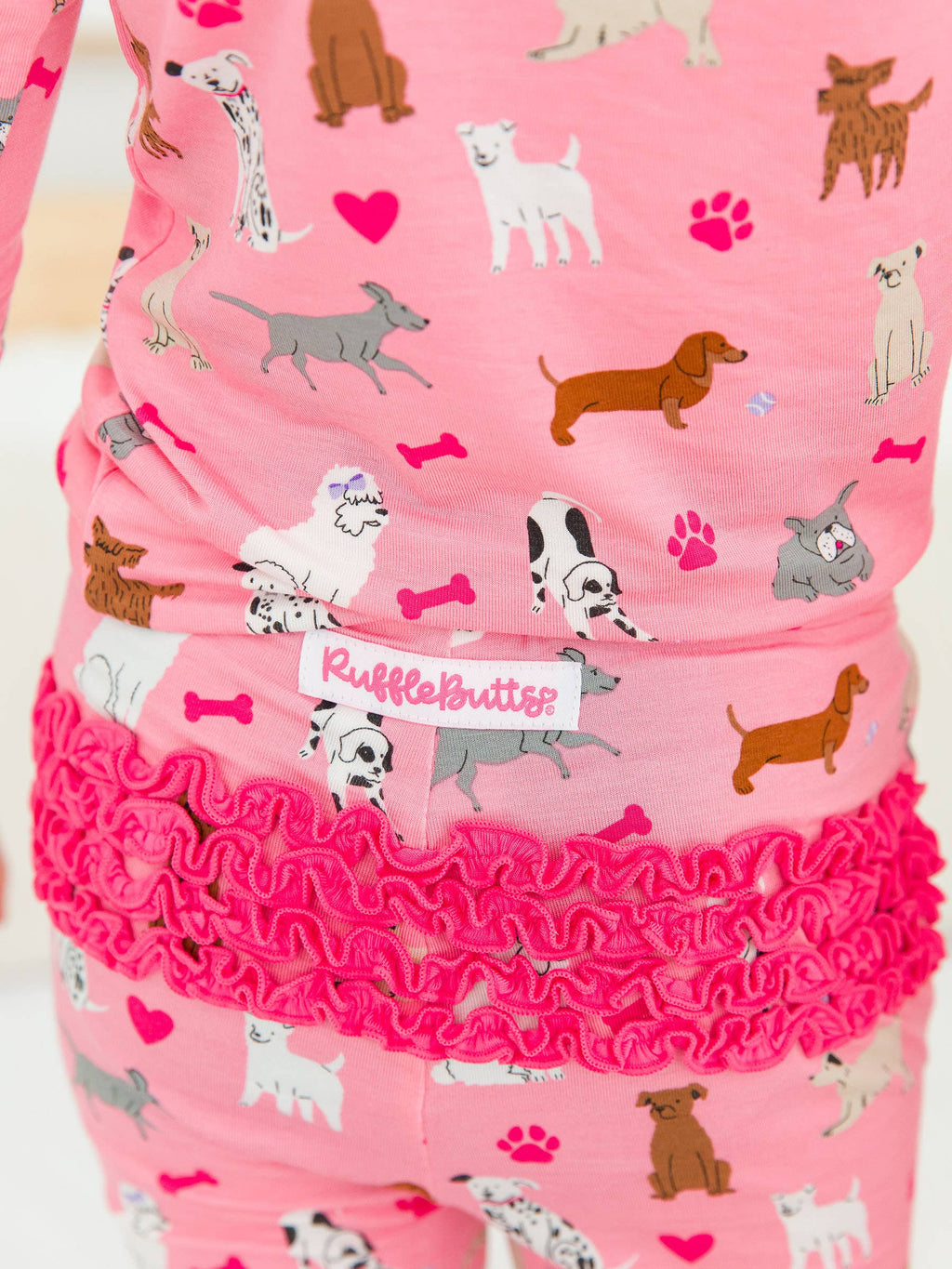 SoftSnooze™ Toddler Girls Bamboo Viscose Pink Puppy Playtime Ruffle Long Sleeve Pajama Set with Signature Rear Ruffles