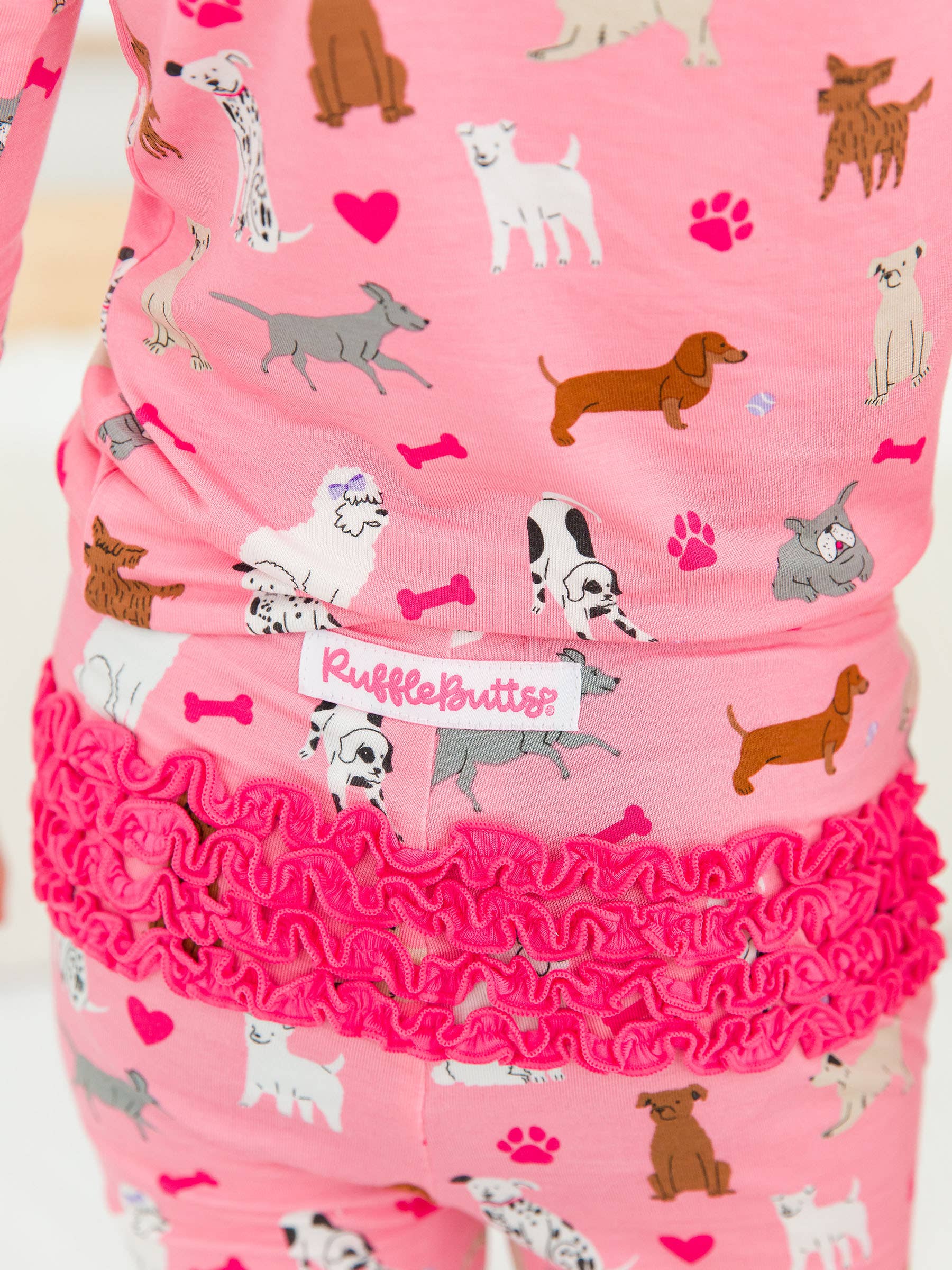 SoftSnooze™ Toddler Girls Bamboo Viscose Pink Puppy Playtime Ruffle Long Sleeve Pajama Set with Signature Rear Ruffles