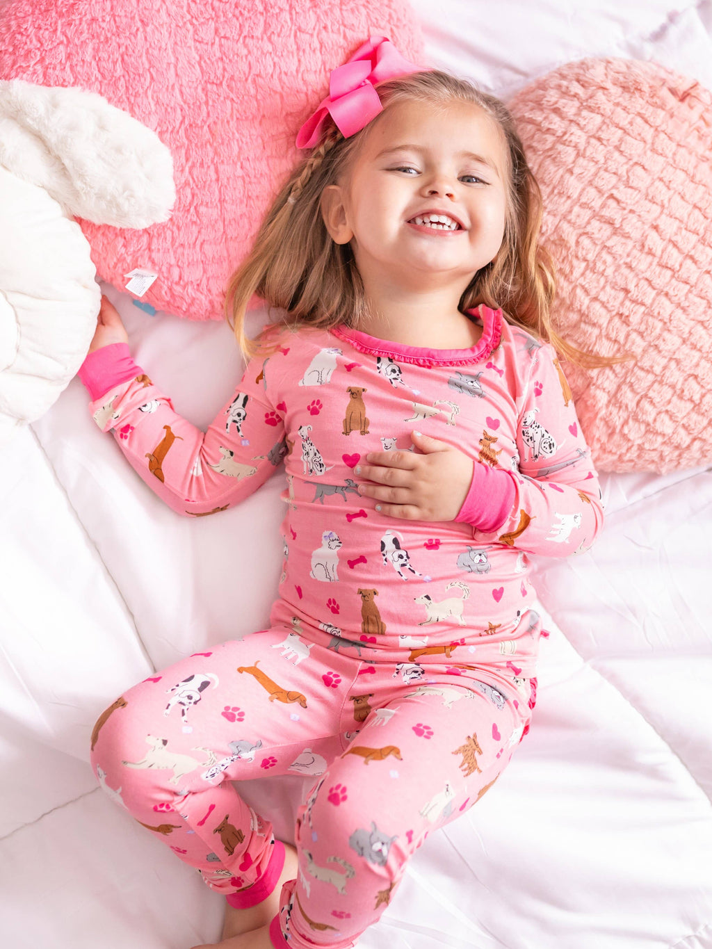 SoftSnooze™ Toddler Girls Bamboo Viscose Pink Puppy Playtime Ruffle Long Sleeve Pajama Set with Signature Rear Ruffles