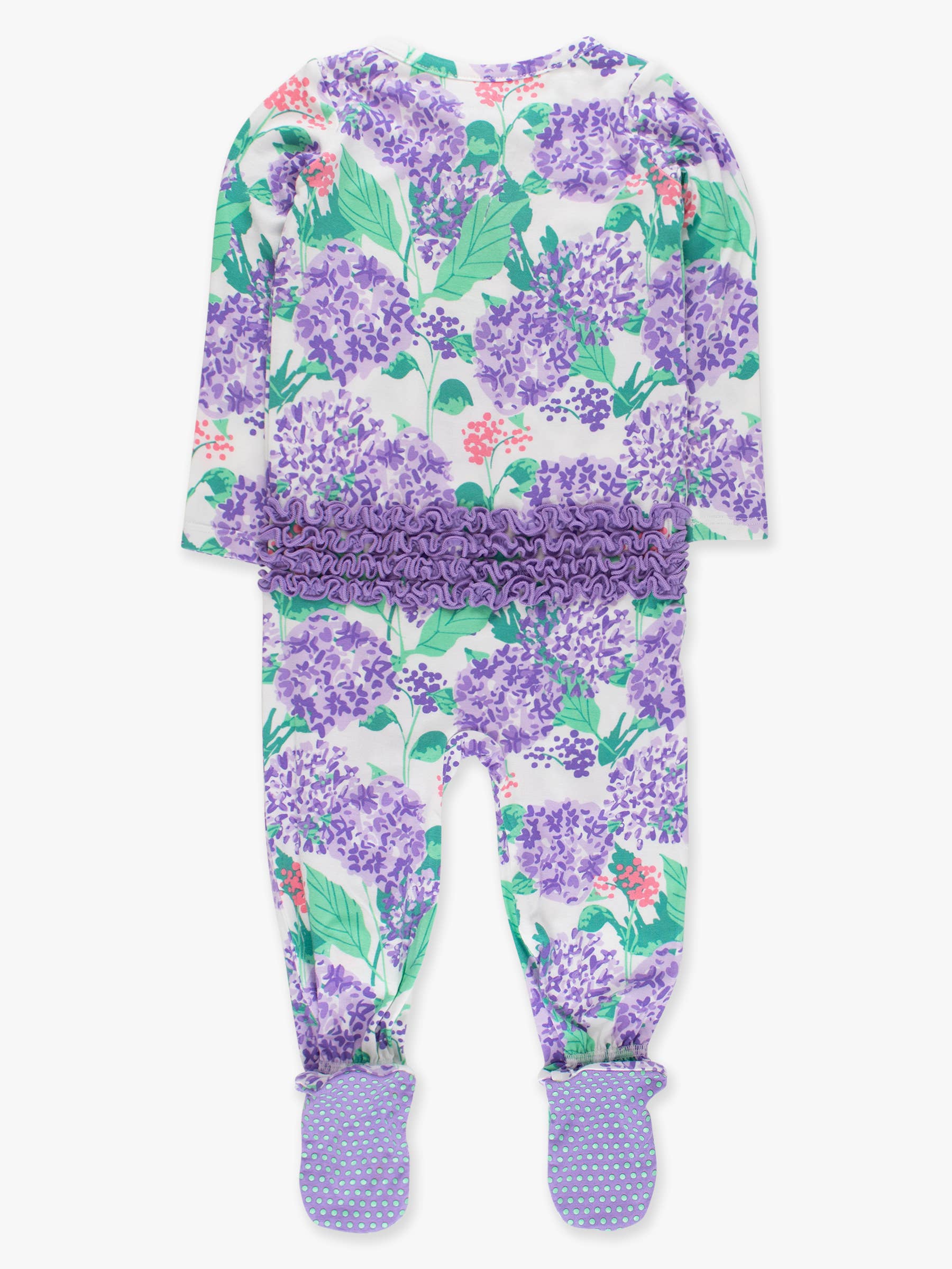 SoftSnooze™ Baby Girls Bamboo Viscose Purple Hydrangea Garden Footed Ruffle One Piece Pajama