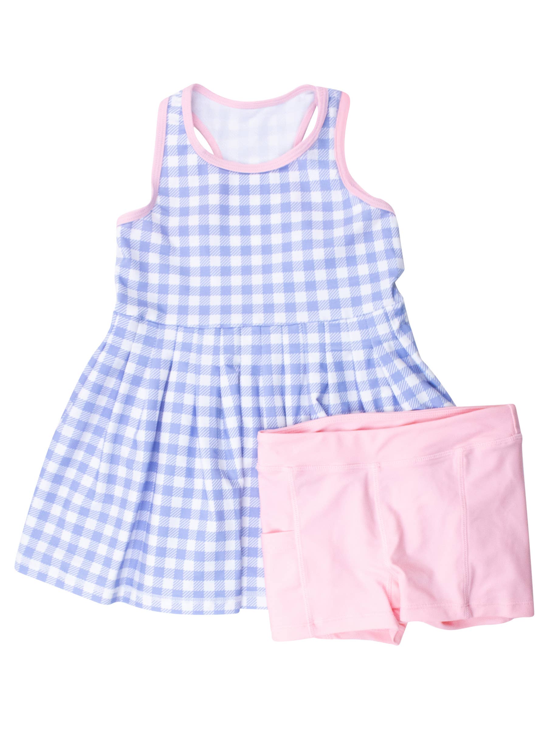 Girls Periwinkle Blue Gingham Pleated Skirt Active Dress & Bike Short Set
