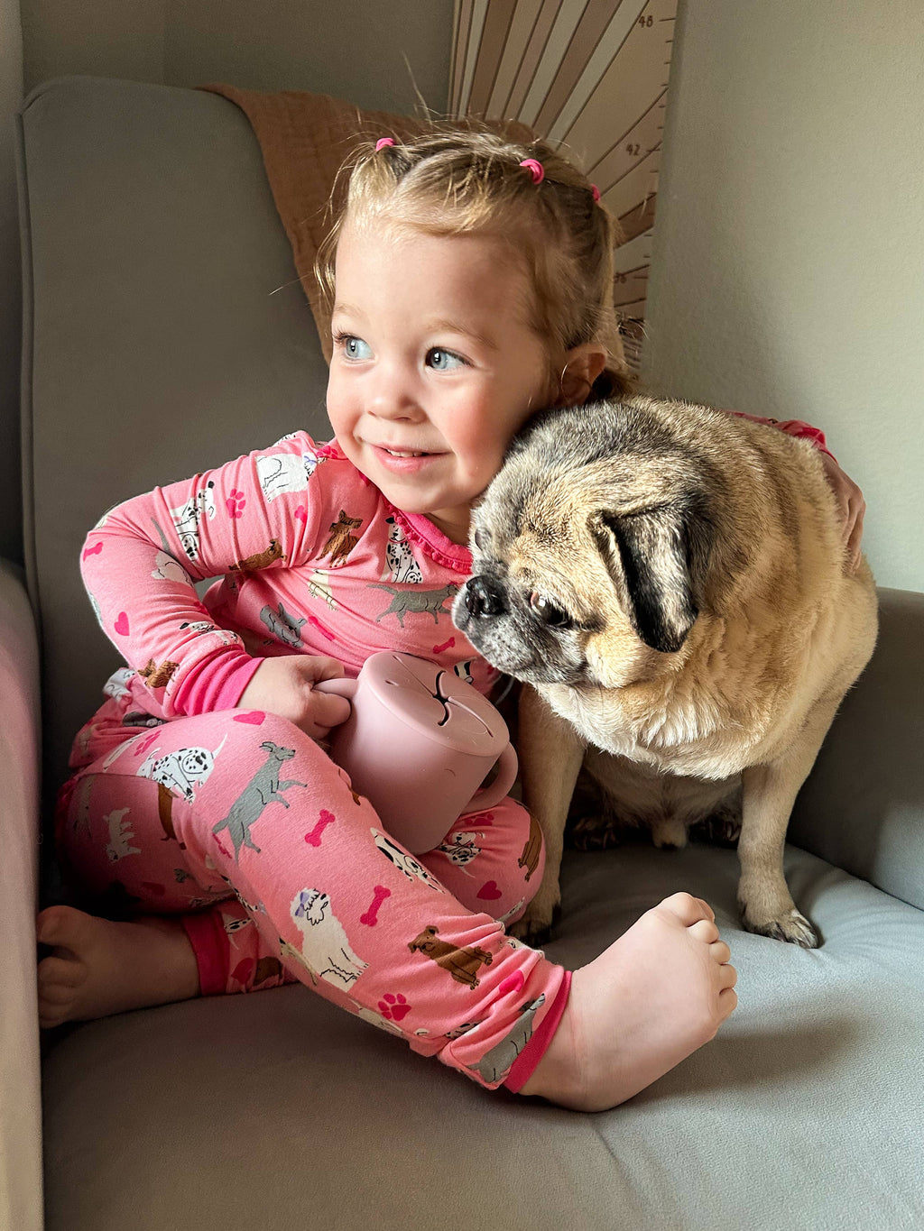 SoftSnooze™ Toddler Girls Bamboo Viscose Pink Puppy Playtime Ruffle Long Sleeve Pajama Set with Signature Rear Ruffles