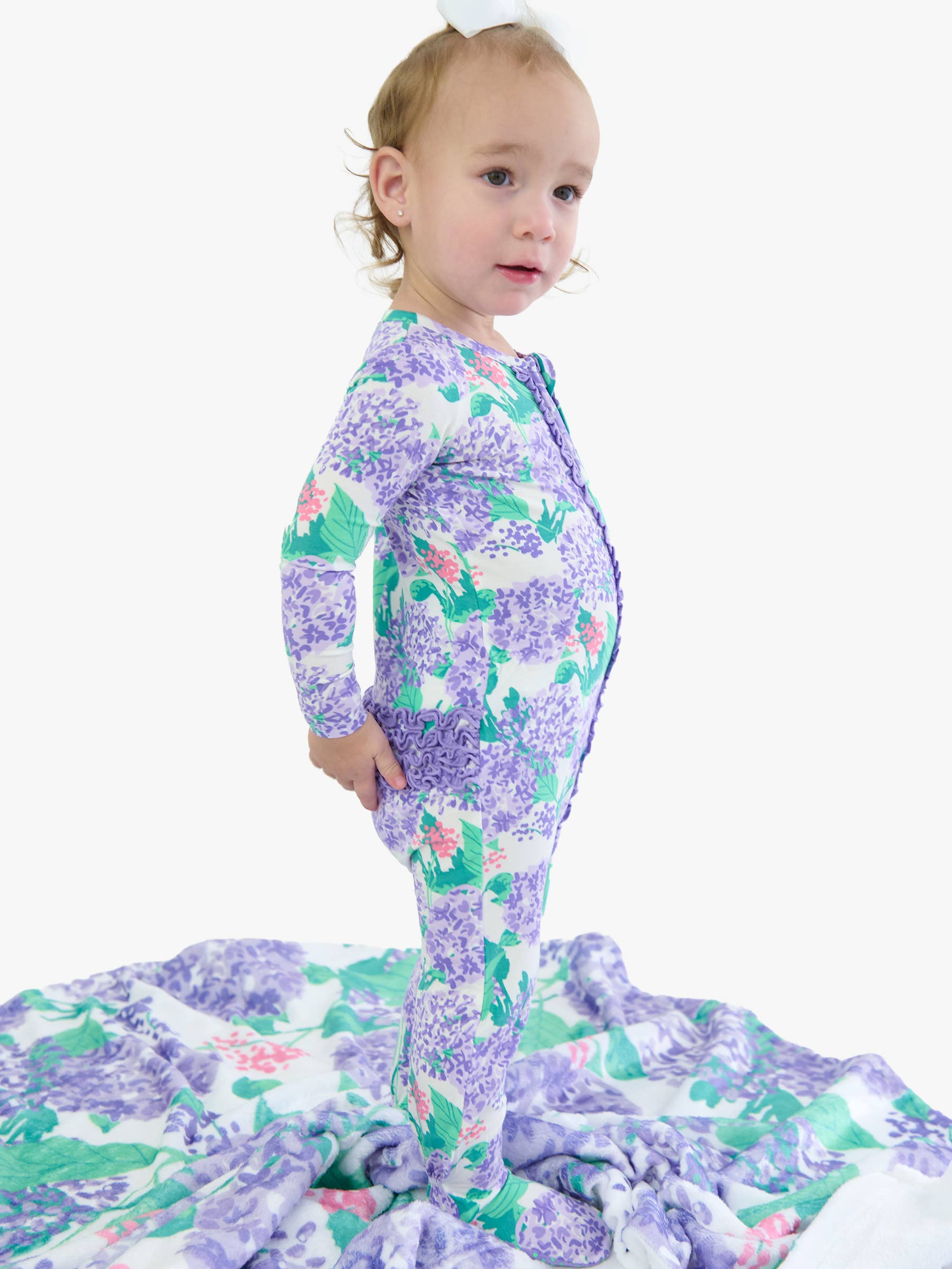 SoftSnooze™ Baby Girls Bamboo Viscose Purple Hydrangea Garden Footed Ruffle One Piece Pajama