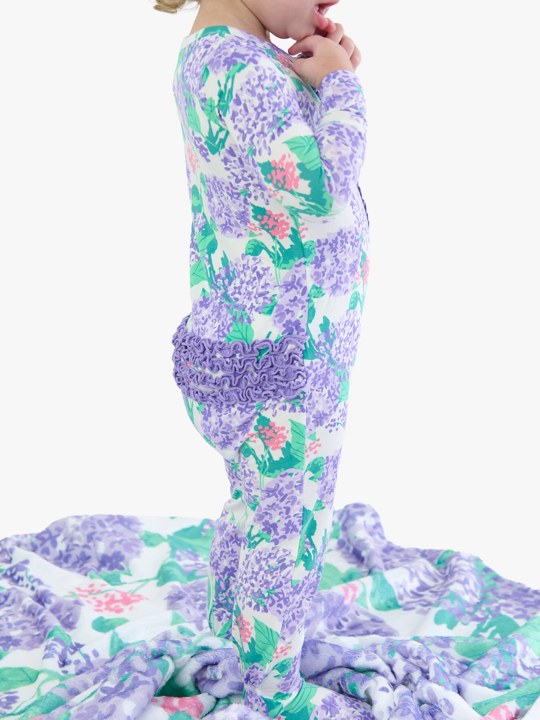 SoftSnooze™ Baby Girls Bamboo Viscose Purple Hydrangea Garden Footed Ruffle One Piece Pajama