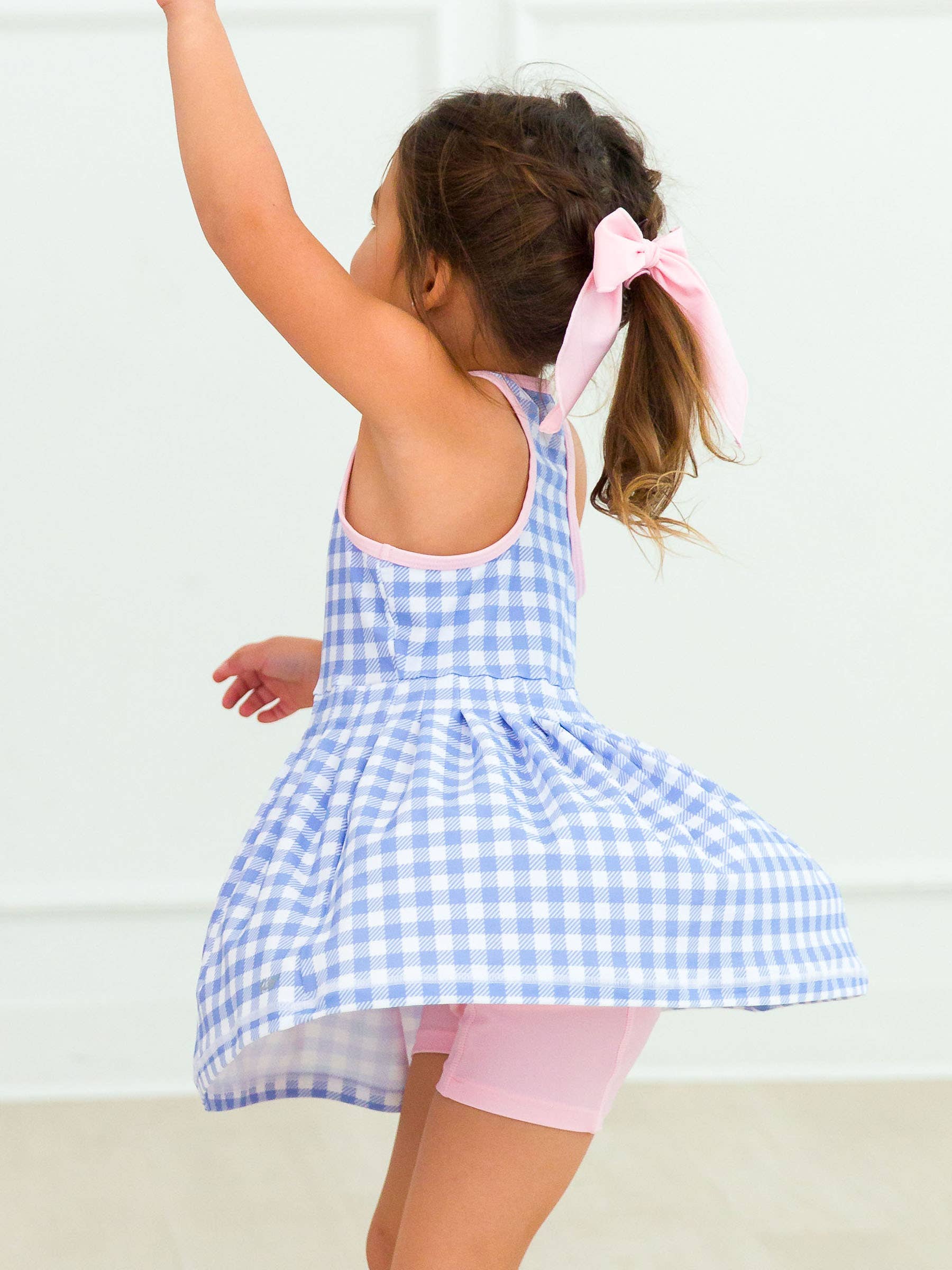 Girls Periwinkle Blue Gingham Pleated Skirt Active Dress & Bike Short Set