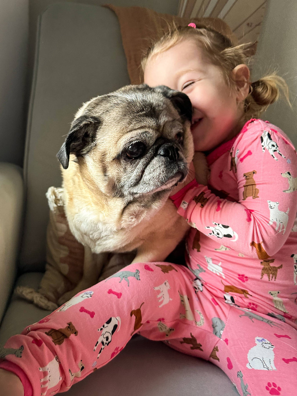 SoftSnooze™ Toddler Girls Bamboo Viscose Pink Puppy Playtime Ruffle Long Sleeve Pajama Set with Signature Rear Ruffles