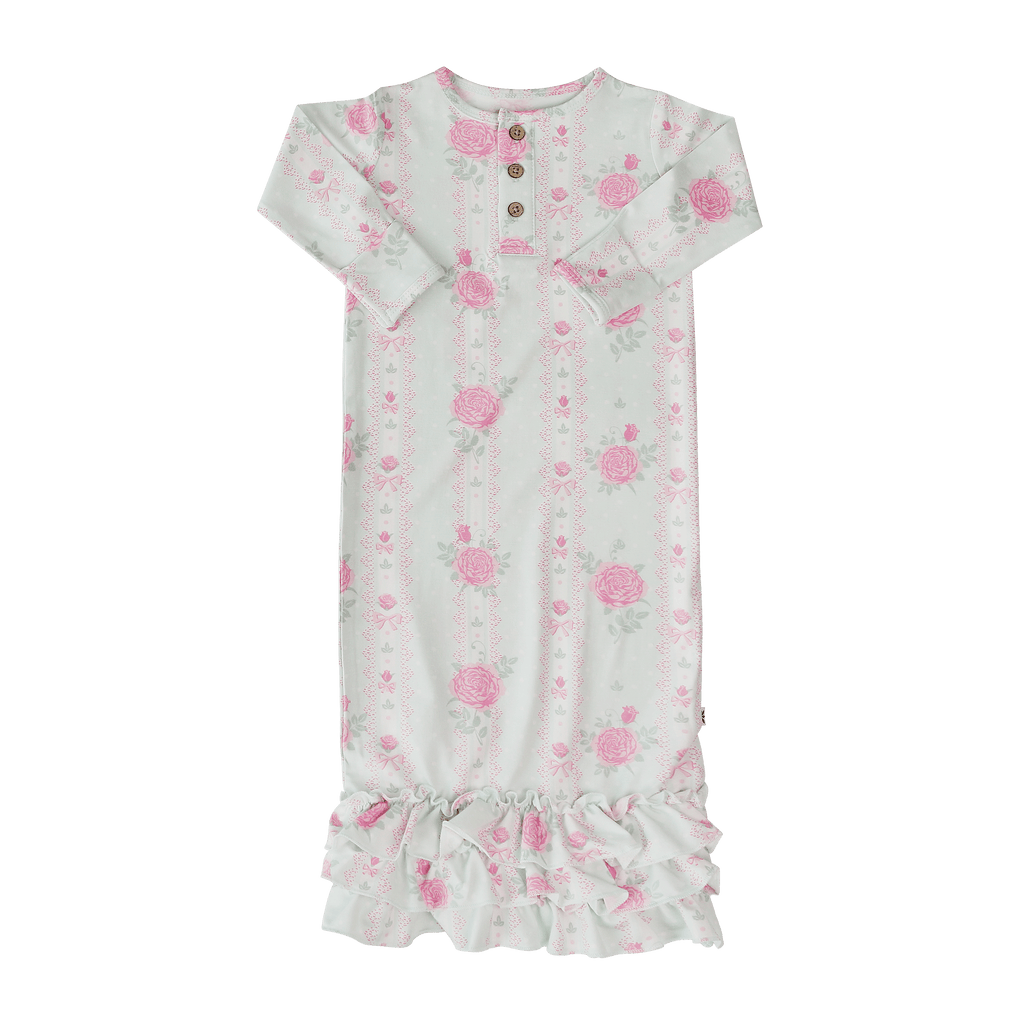 Sweet Bamboo Ruffle Receiving Gown - Roses and Lace