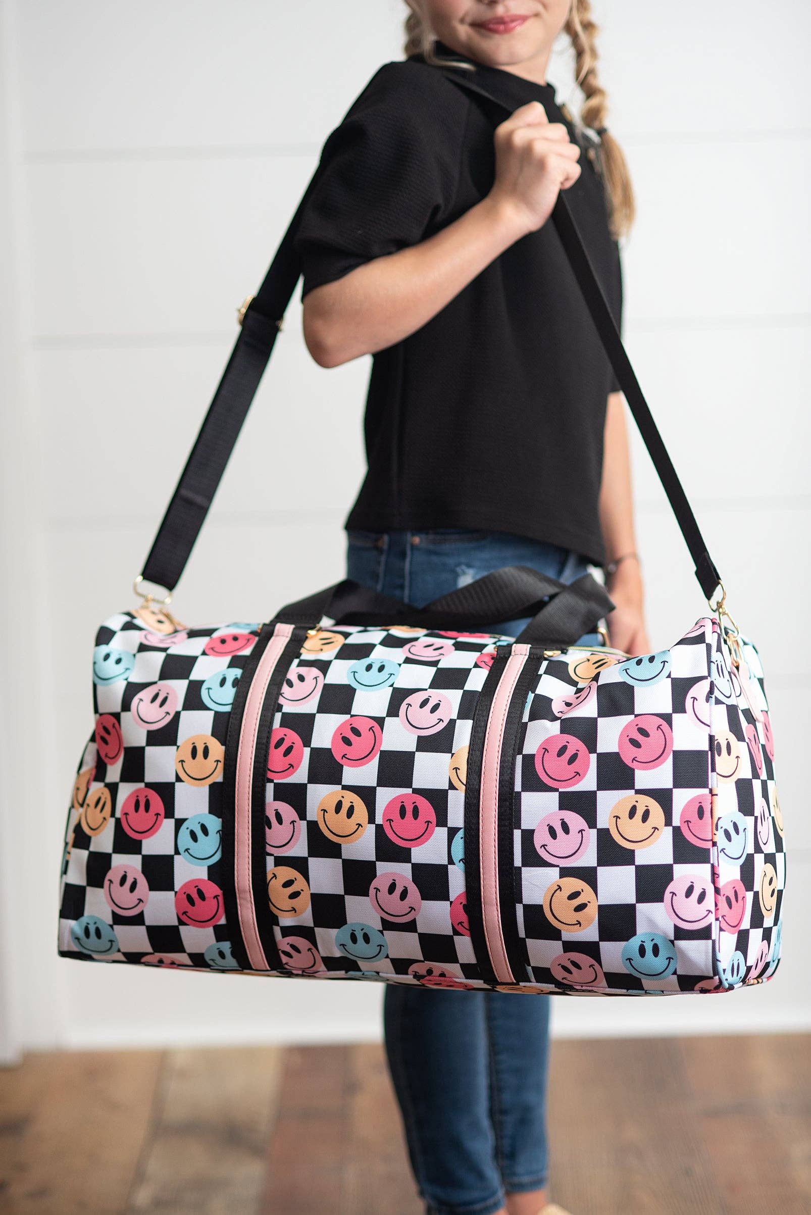 Kids Smiley Face Checkered Weekender Dance Travel Bag