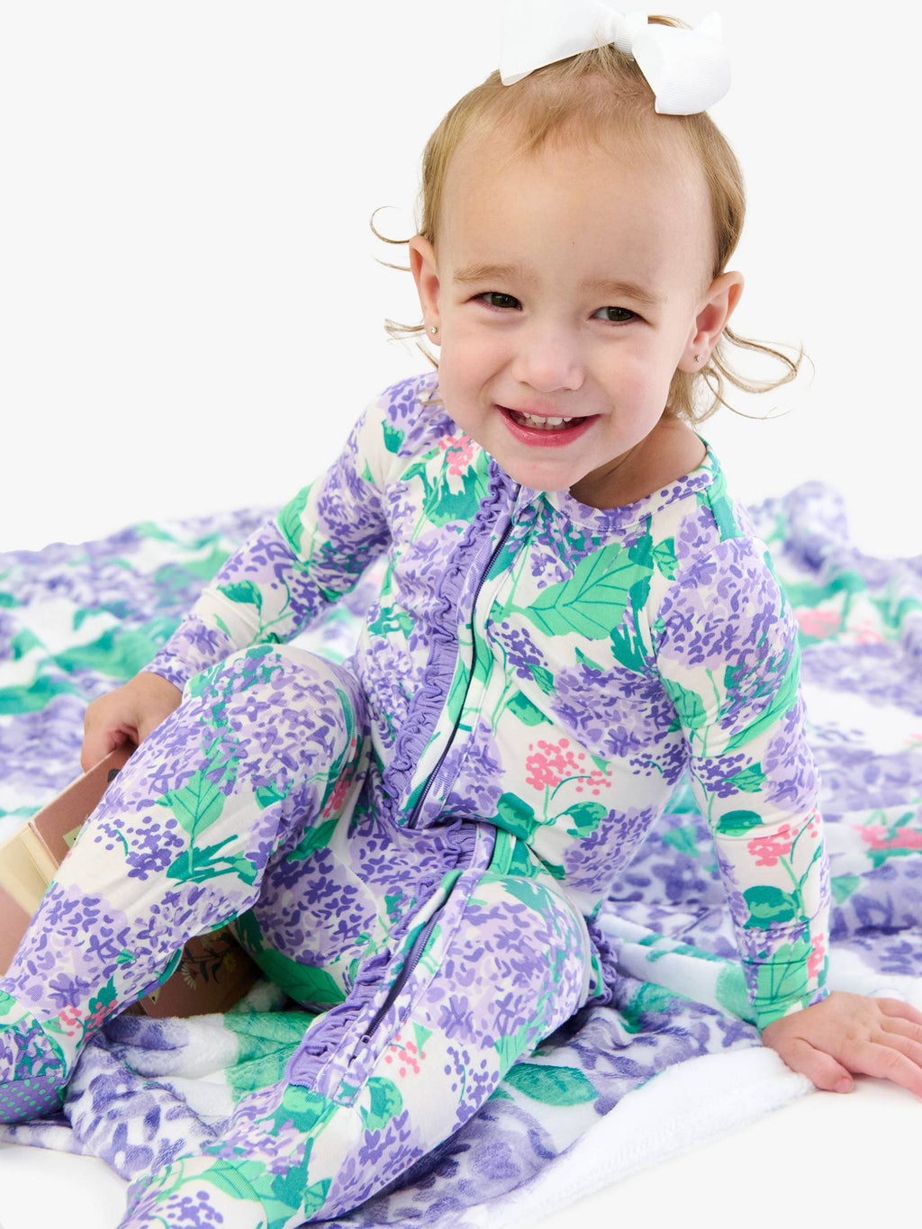 SoftSnooze™ Baby Girls Bamboo Viscose Purple Hydrangea Garden Footed Ruffle One Piece Pajama