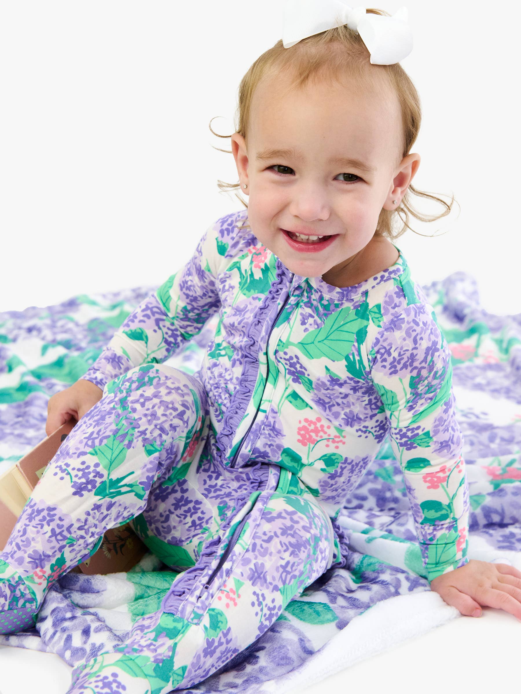 SoftSnooze™ Baby Girls Bamboo Viscose Purple Hydrangea Garden Footed Ruffle One Piece Pajama