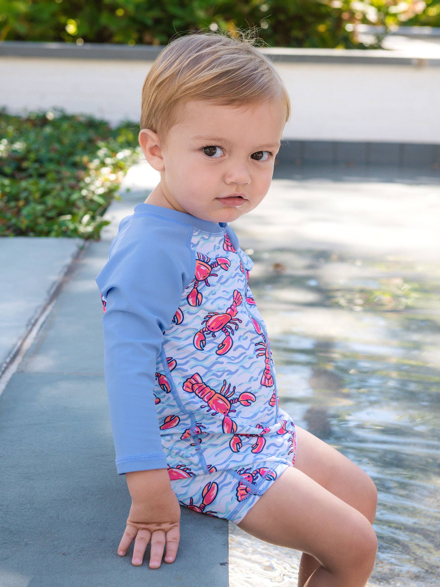 Baby Boys Blue Lobster Lagoon Long Sleeve One Piece Rash Guard Swimsuit