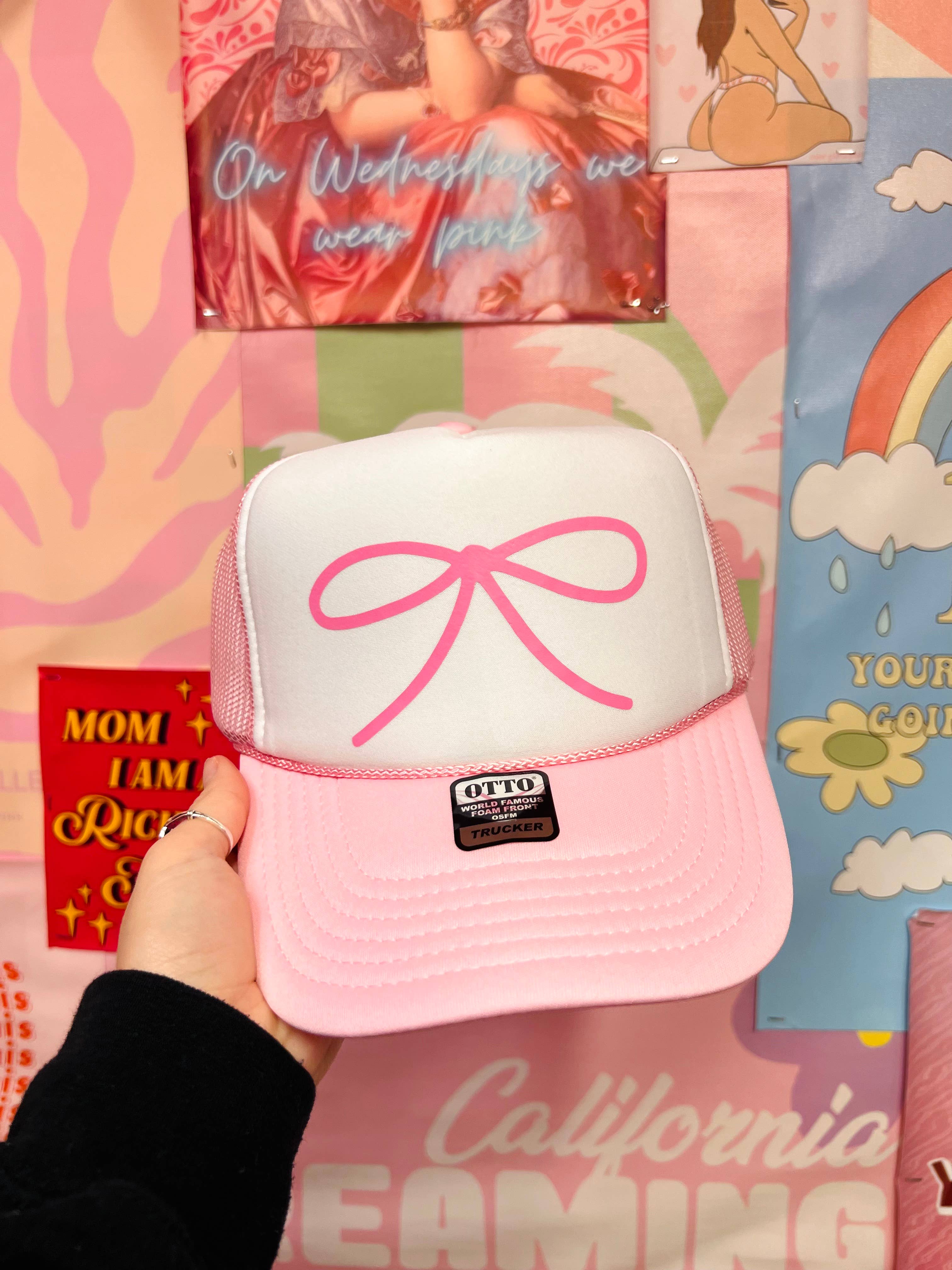 Pink Simple Bow - Pink with White Trucker Hat 
