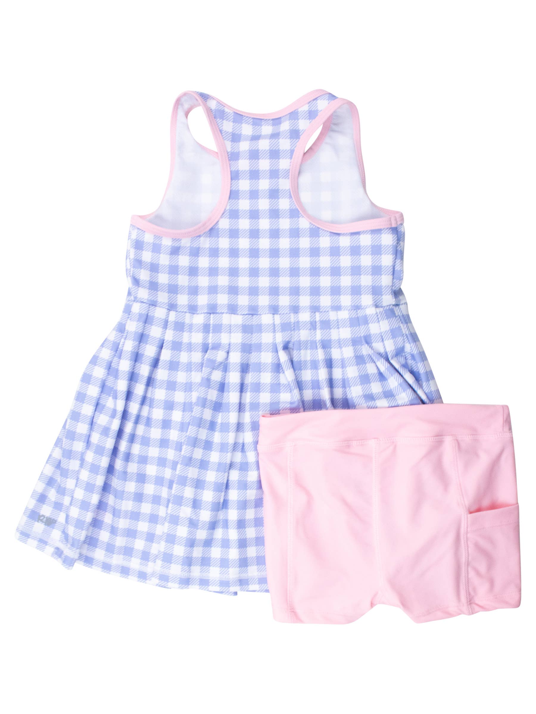 Girls Periwinkle Blue Gingham Pleated Skirt Active Dress & Bike Short Set
