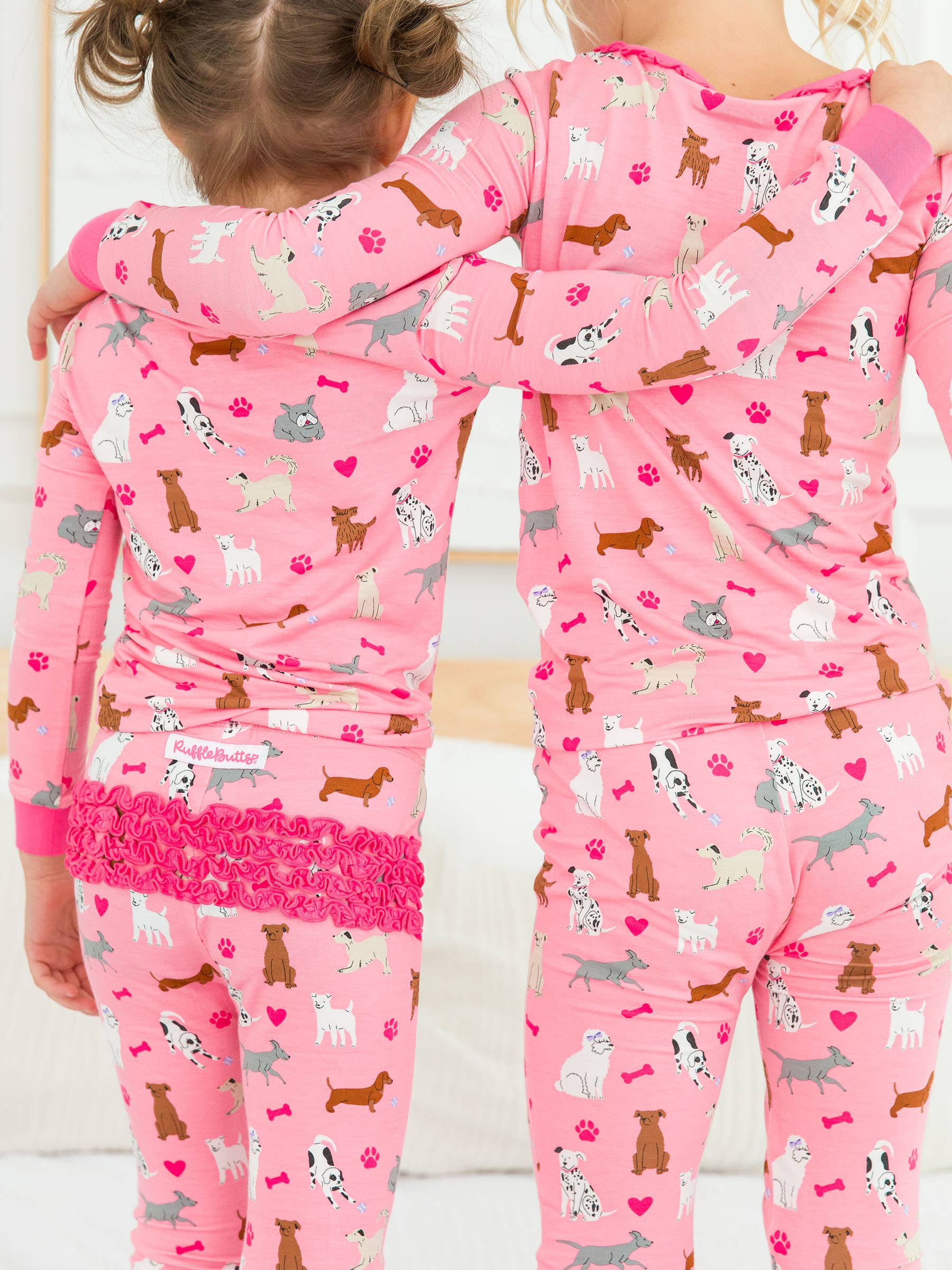 SoftSnooze™ Toddler Girls Bamboo Viscose Pink Puppy Playtime Ruffle Long Sleeve Pajama Set with Signature Rear Ruffles