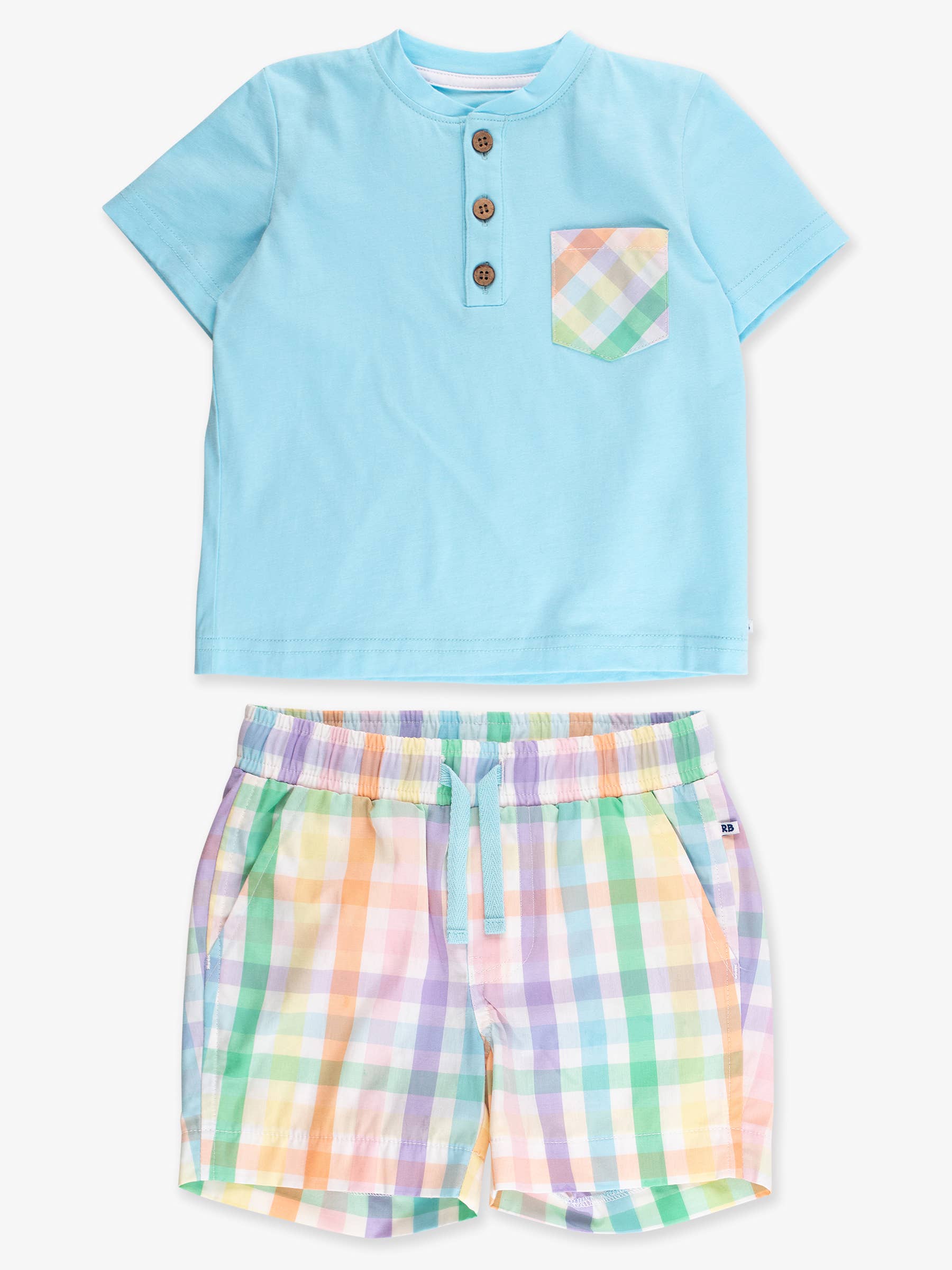 Boys Poppy Rainbow Plaid Pocket Henley Shirt & Pull-on Short Set
