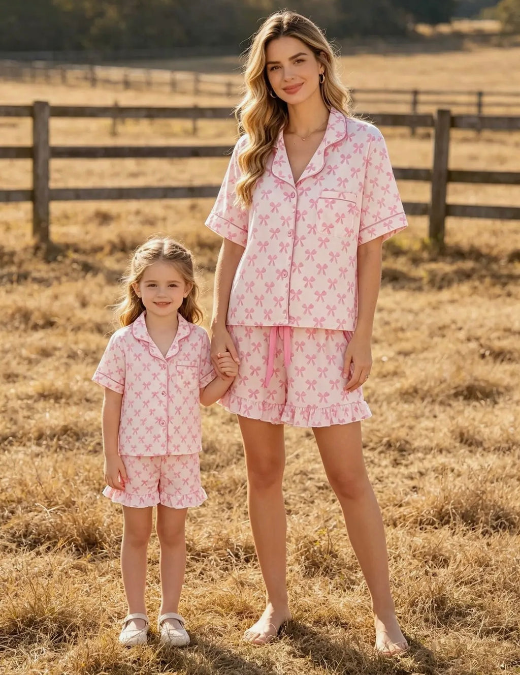 Mommy & Me Pink Bow Print Ruffle Pajama Set