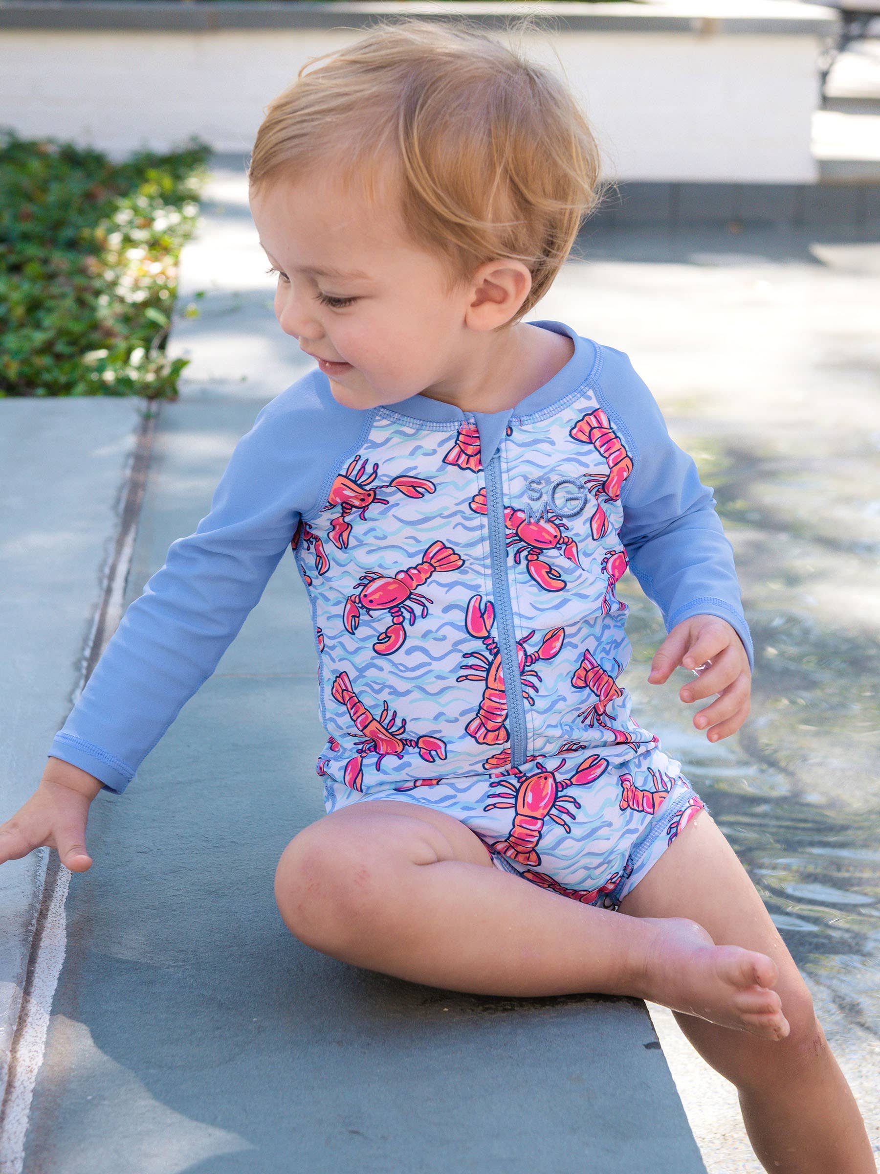 Baby Boys Blue Lobster Lagoon Long Sleeve One Piece Rash Guard Swimsuit
