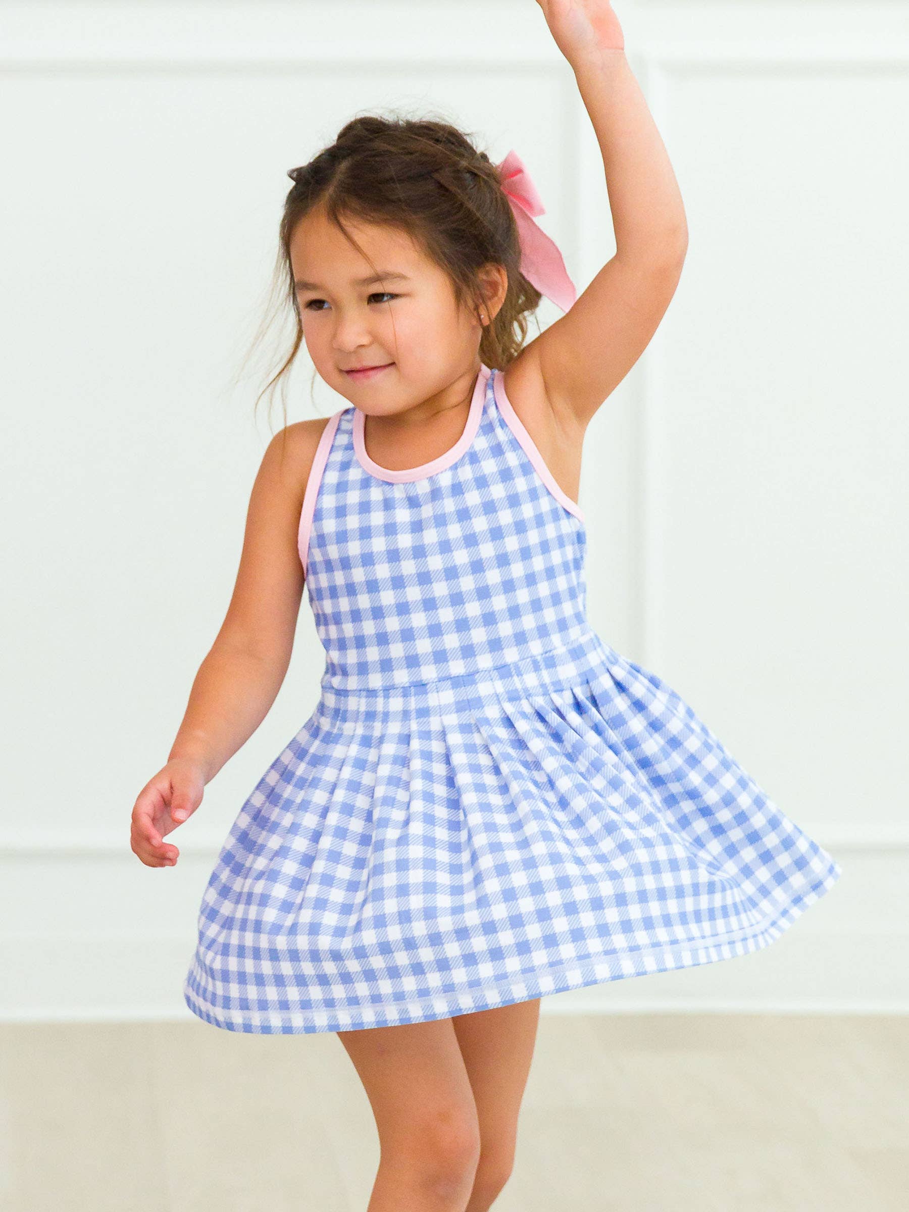 Girls Periwinkle Blue Gingham Pleated Skirt Active Dress & Bike Short Set