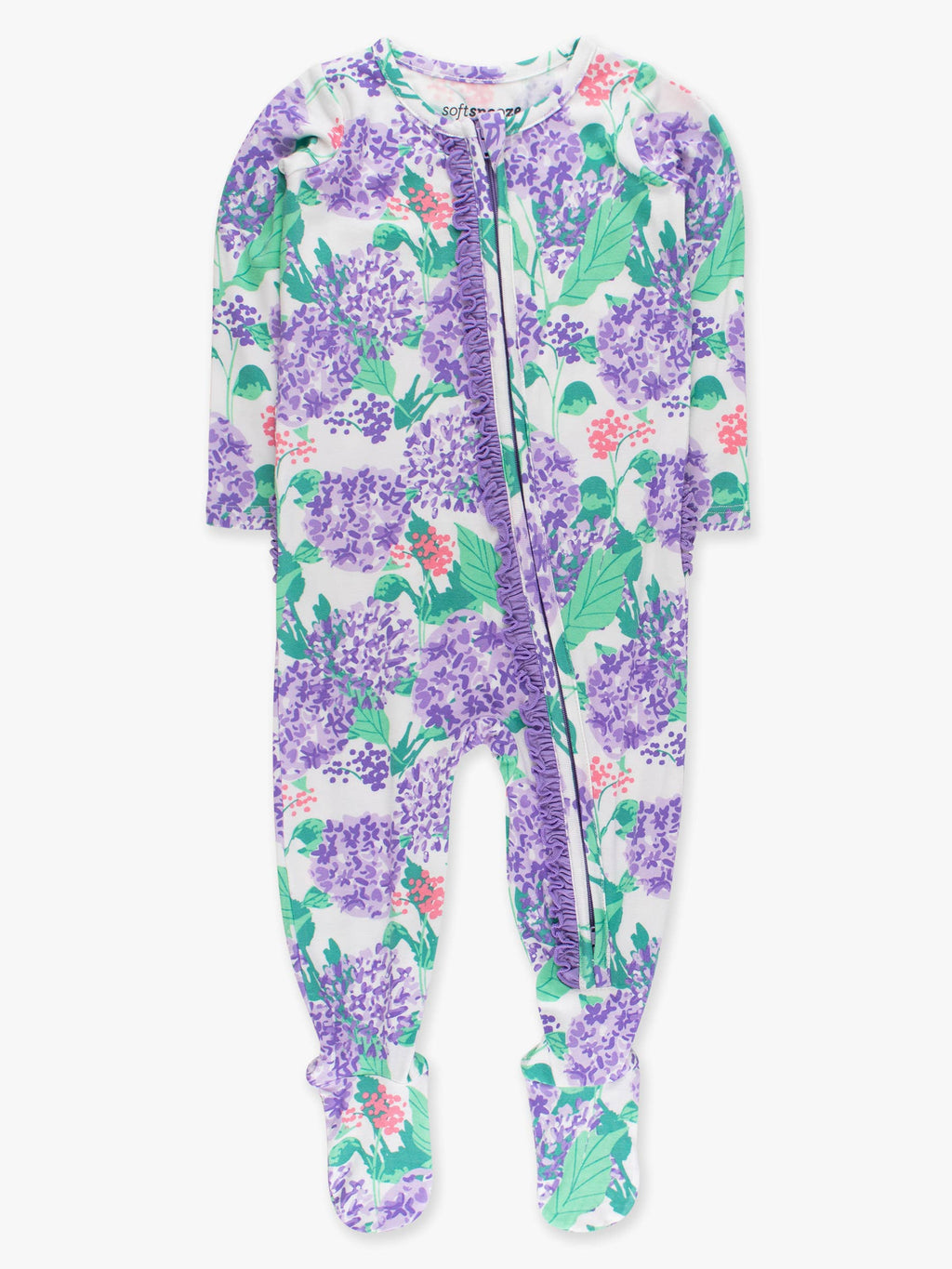 SoftSnooze™ Baby Girls Bamboo Viscose Purple Hydrangea Garden Footed Ruffle One Piece Pajama