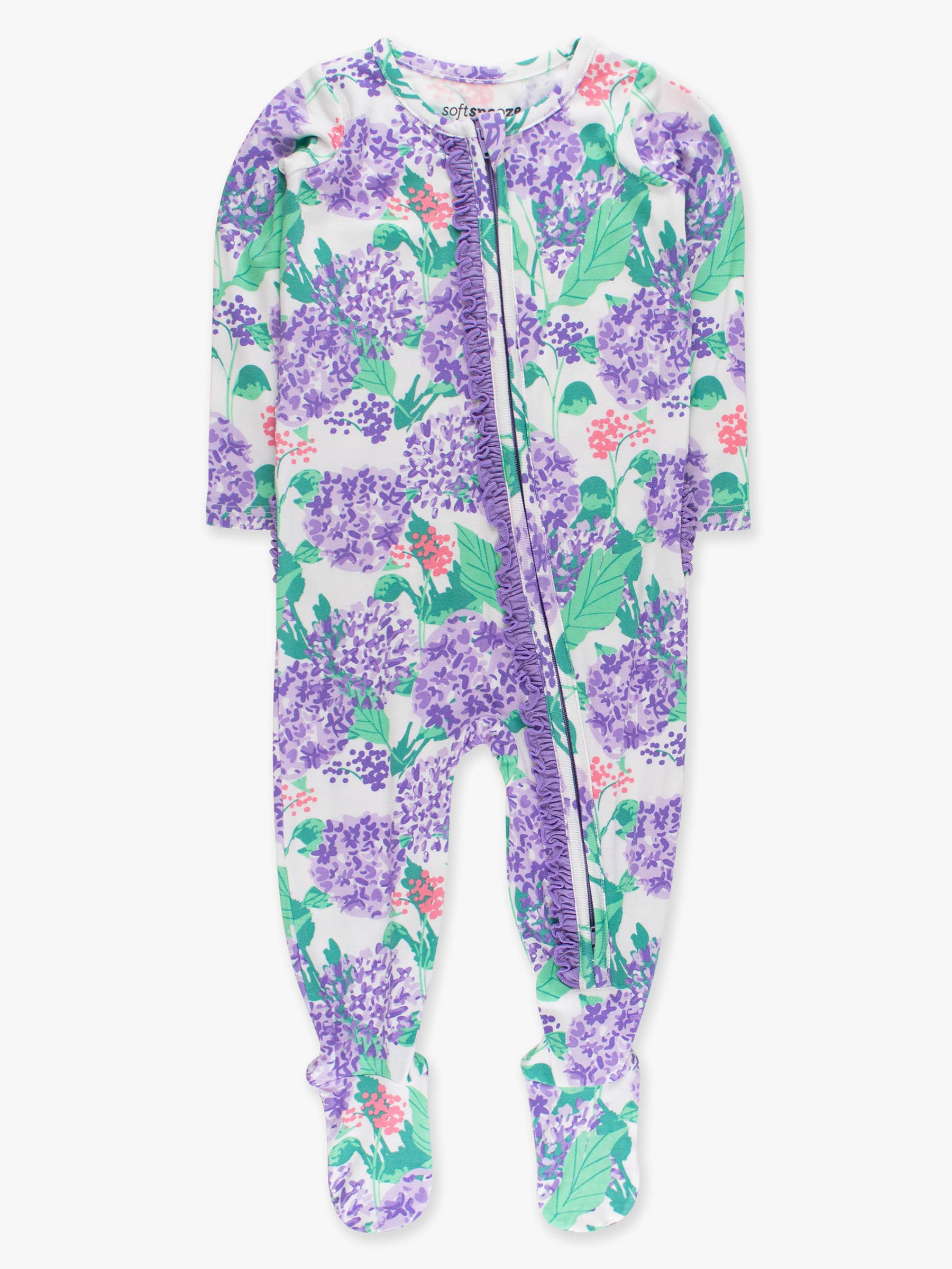 SoftSnooze™ Baby Girls Bamboo Viscose Purple Hydrangea Garden Footed Ruffle One Piece Pajama