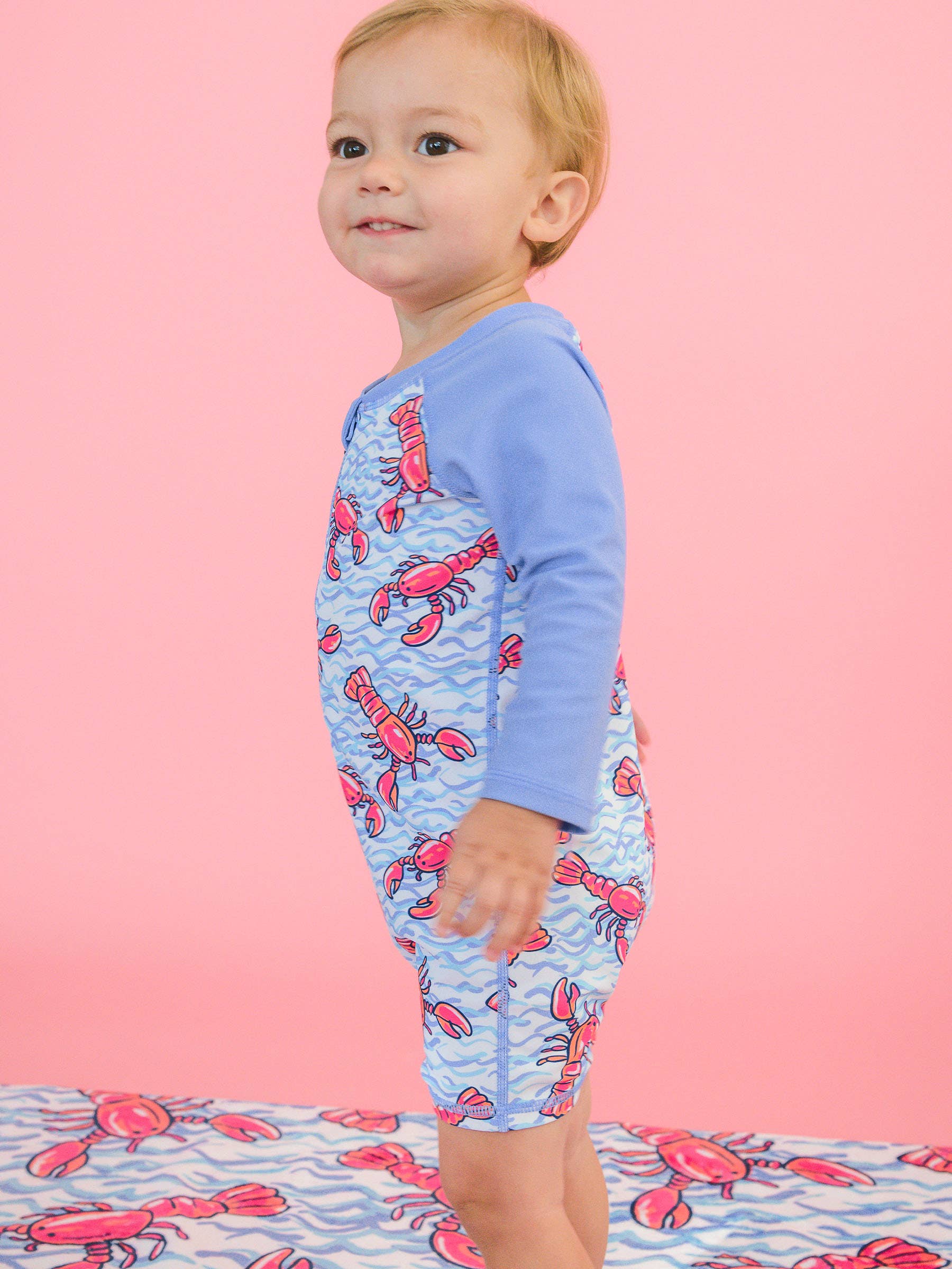 Baby Boys Blue Lobster Lagoon Long Sleeve One Piece Rash Guard Swimsuit