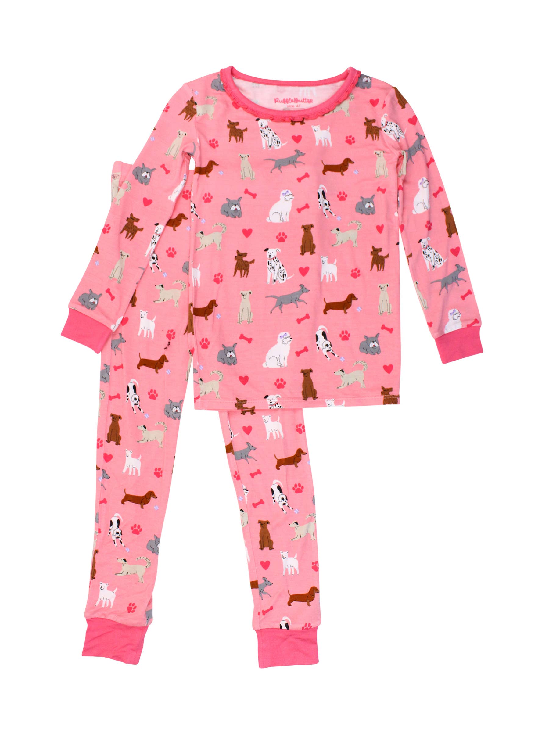 SoftSnooze™ Toddler Girls Bamboo Viscose Pink Puppy Playtime Ruffle Long Sleeve Pajama Set with Signature Rear Ruffles