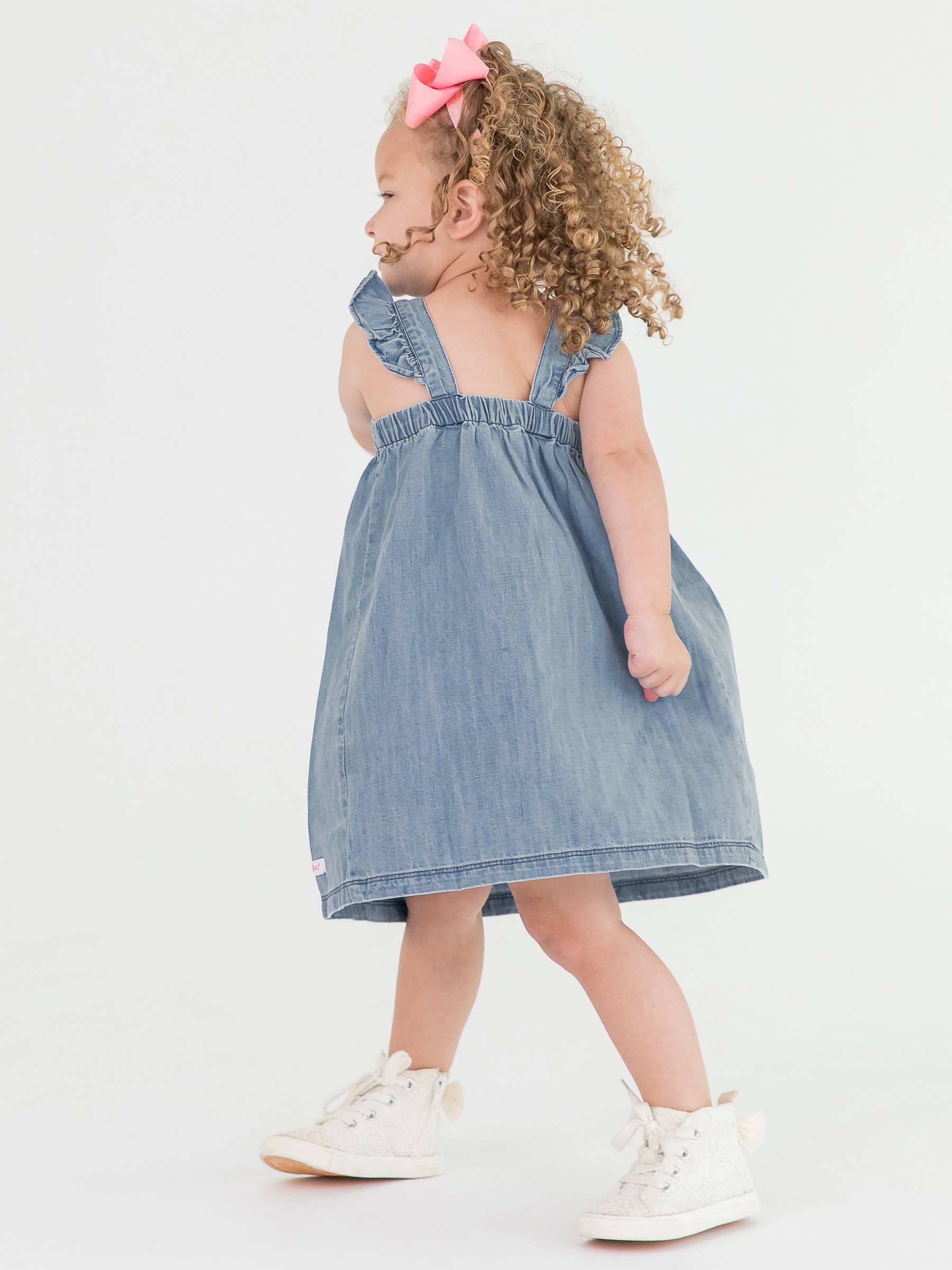 Girls Light Wash Denim Flutter Bow Woven Dress