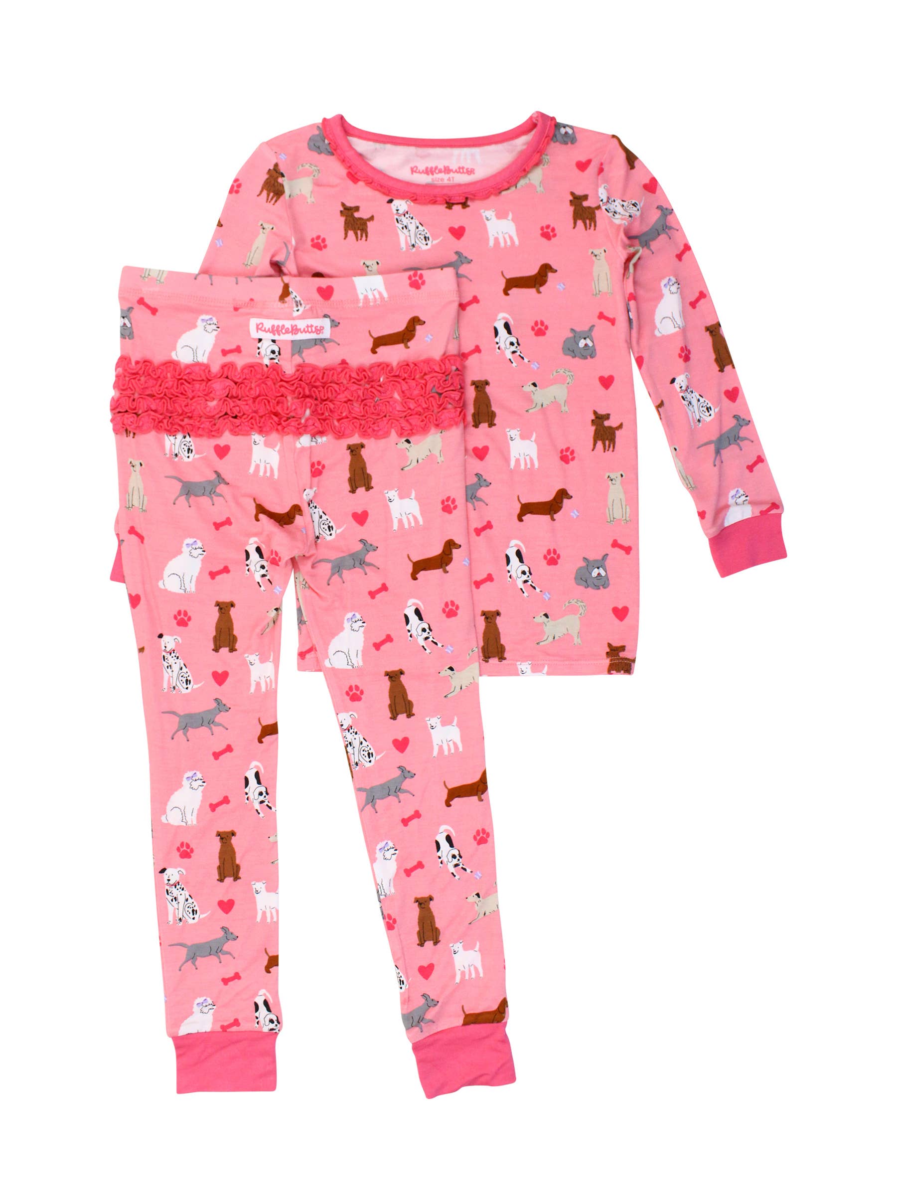 SoftSnooze™ Toddler Girls Bamboo Viscose Pink Puppy Playtime Ruffle Long Sleeve Pajama Set with Signature Rear Ruffles