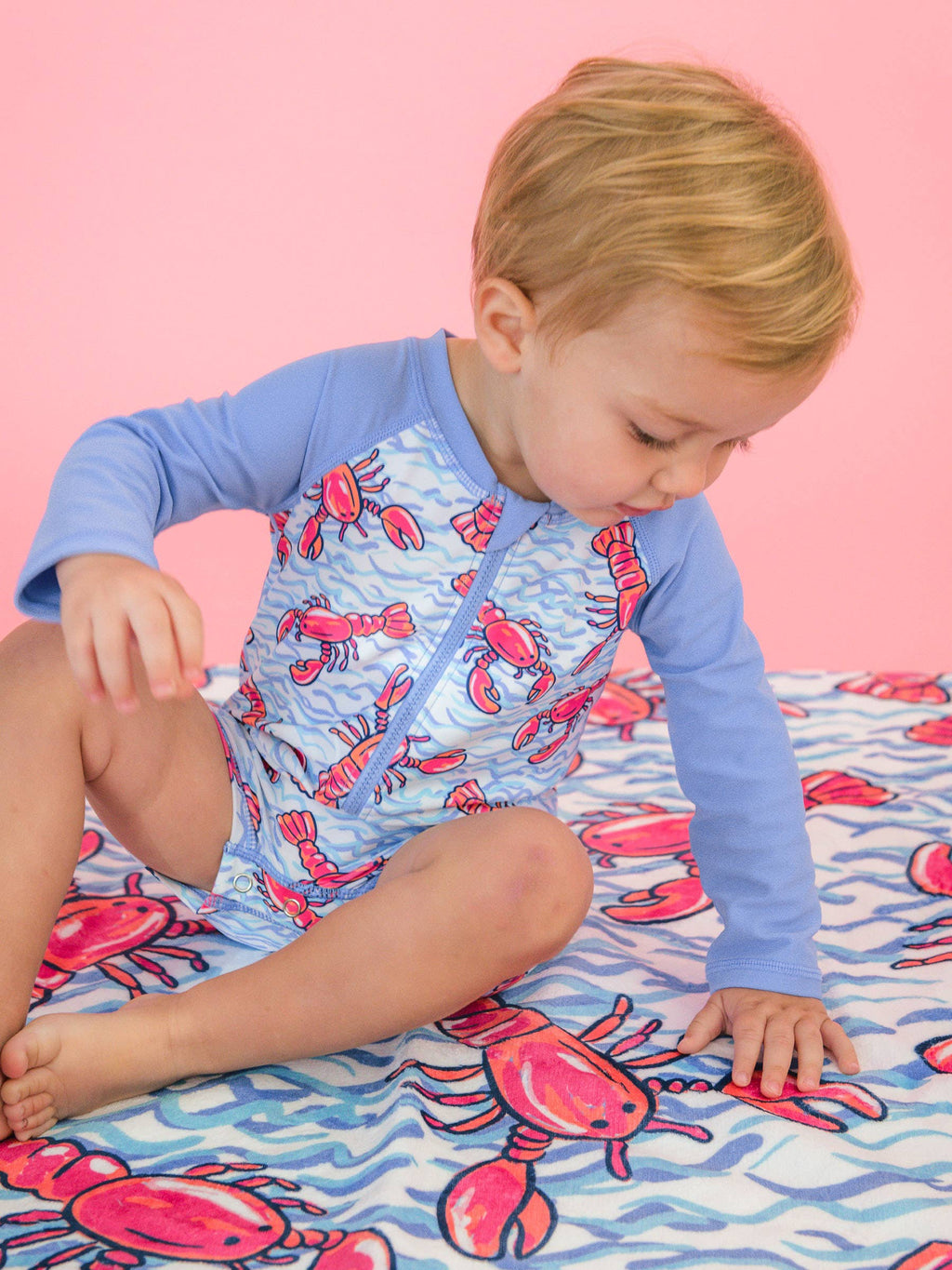 Baby Boys Blue Lobster Lagoon Long Sleeve One Piece Rash Guard Swimsuit