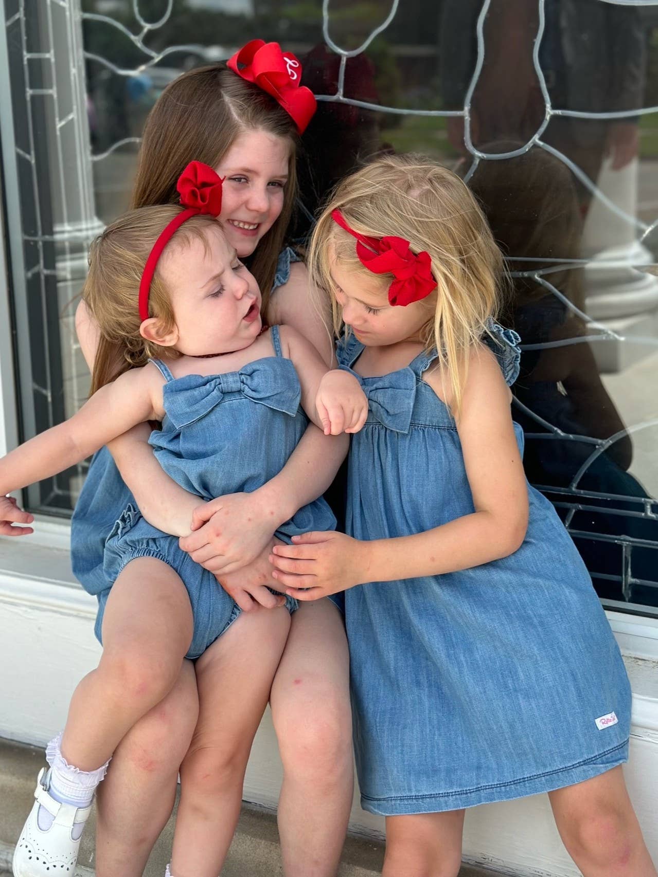 Girls Light Wash Denim Flutter Bow Woven Dress