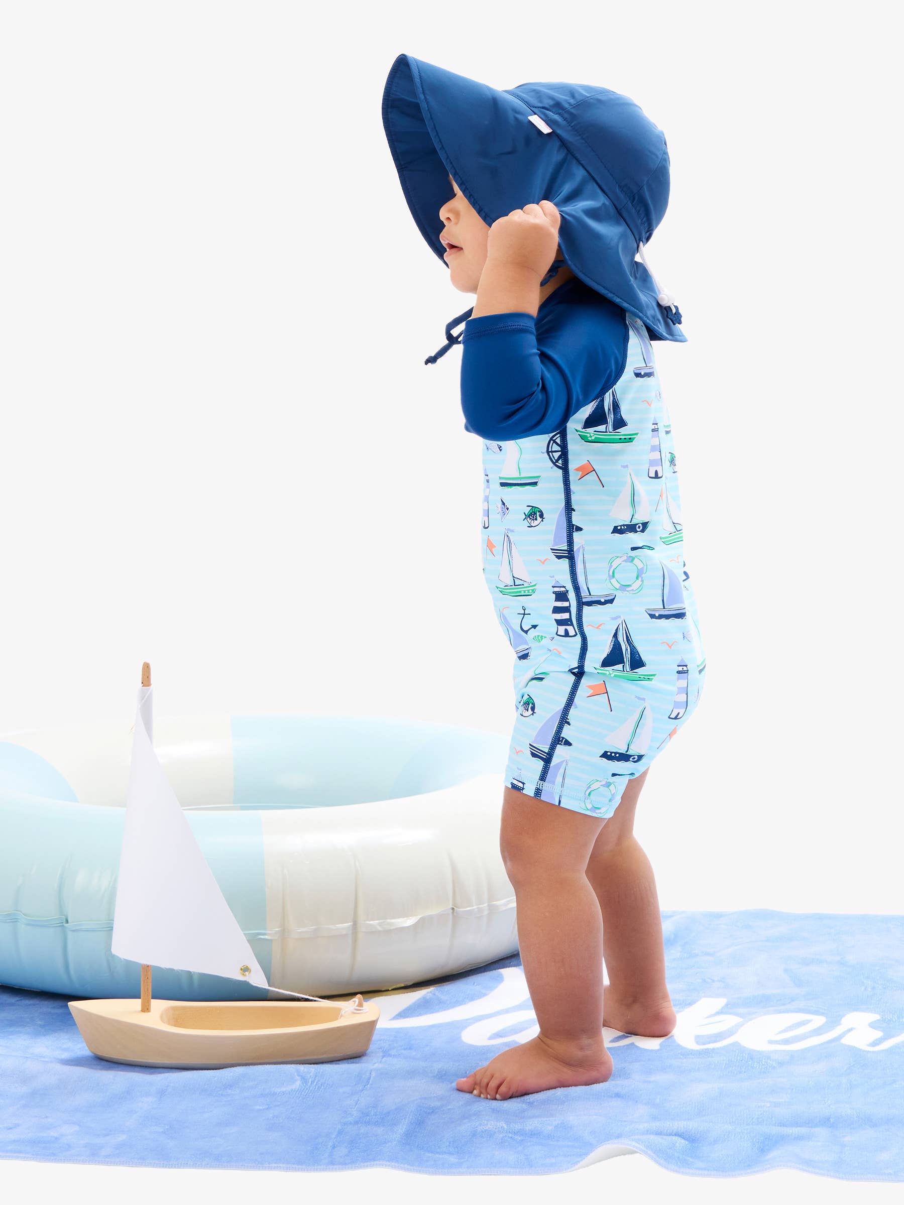 Baby Boys Blue Sweet Sails Long Sleeve One Piece Rash Guard Swimsuit