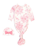 Baby Girls Pink Butterfly Garden Toile Bamboo Viscose Knotted Ruffle Gown & Hat Set