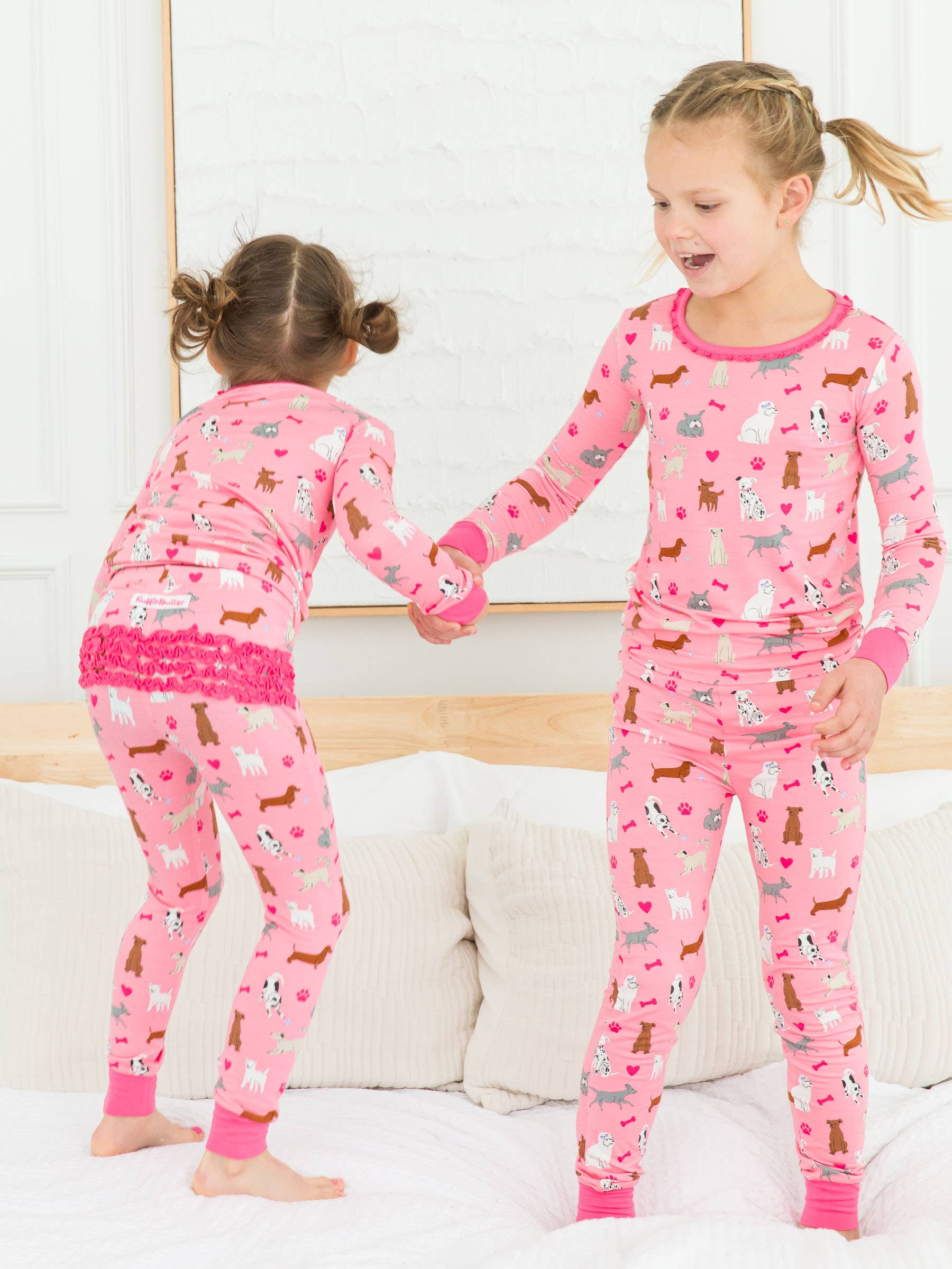 SoftSnooze™ Toddler Girls Bamboo Viscose Pink Puppy Playtime Ruffle Long Sleeve Pajama Set with Signature Rear Ruffles