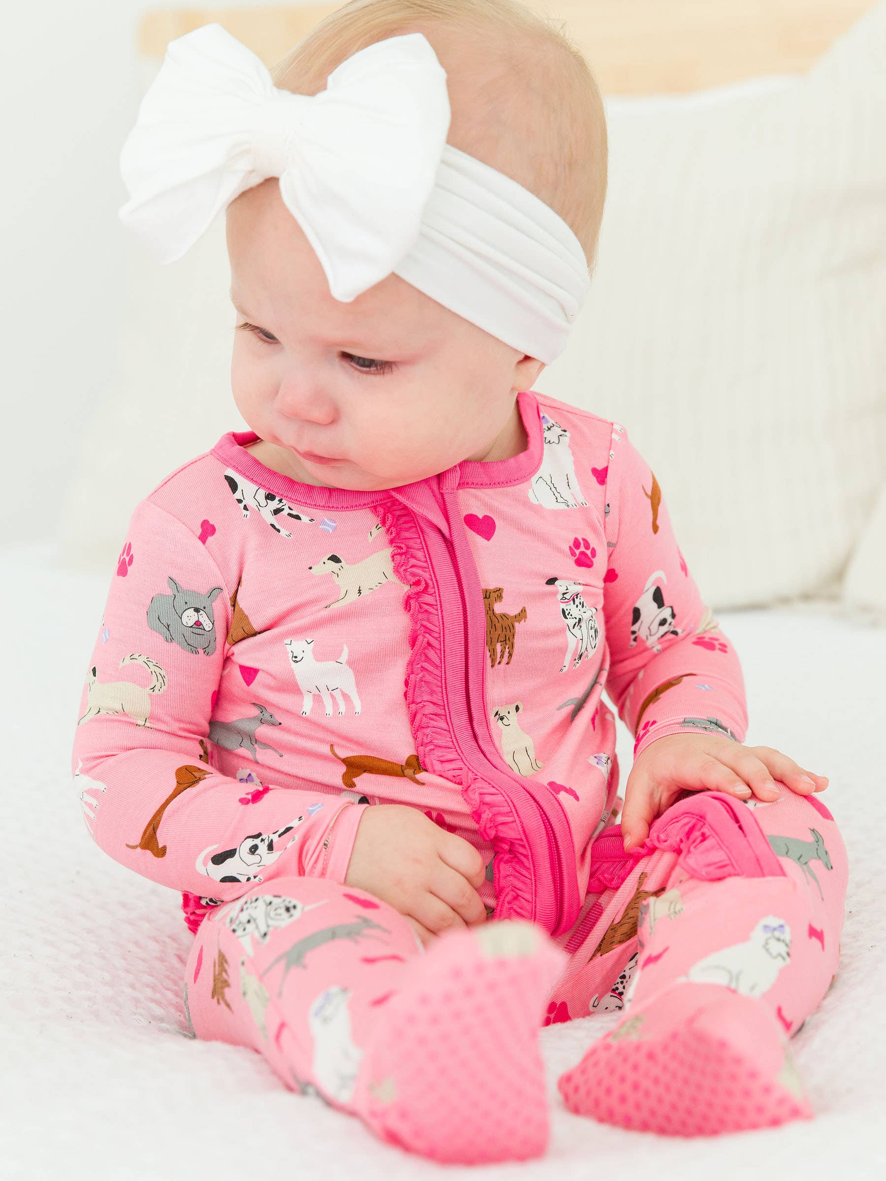 SoftSnooze™ Baby Girls Bamboo Viscose Pink Puppy Playtime Footed Ruffle One Piece Pajama