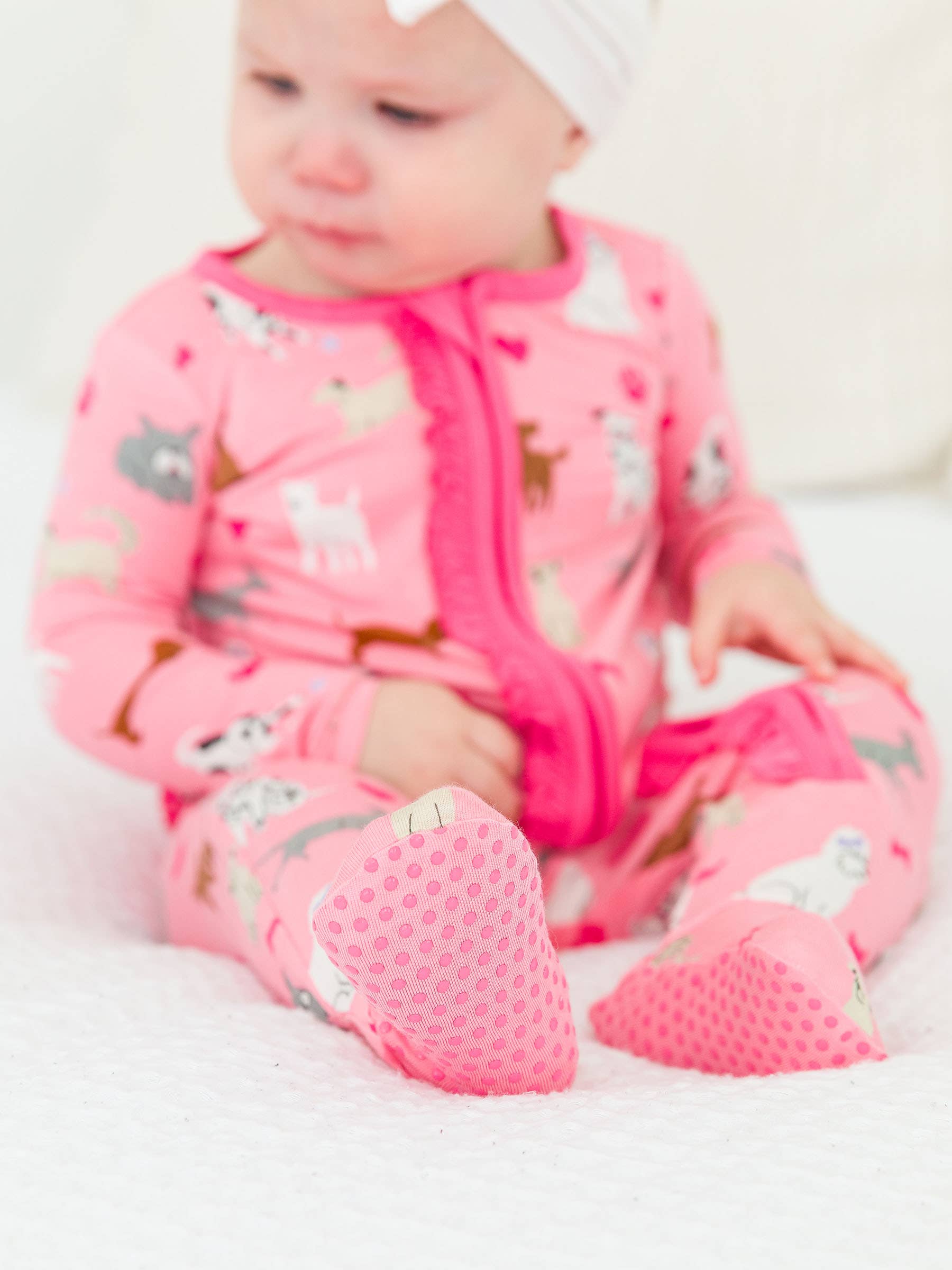 SoftSnooze™ Baby Girls Bamboo Viscose Pink Puppy Playtime Footed Ruffle One Piece Pajama